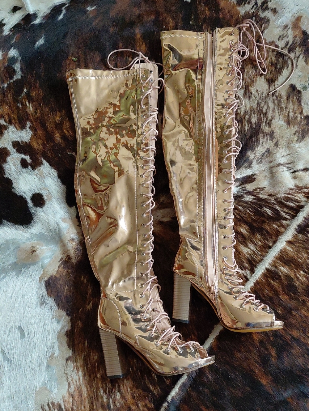 Chase + Chloe Metallic Rose Gold Lace-Up Over-the-Knee Heeled Boots